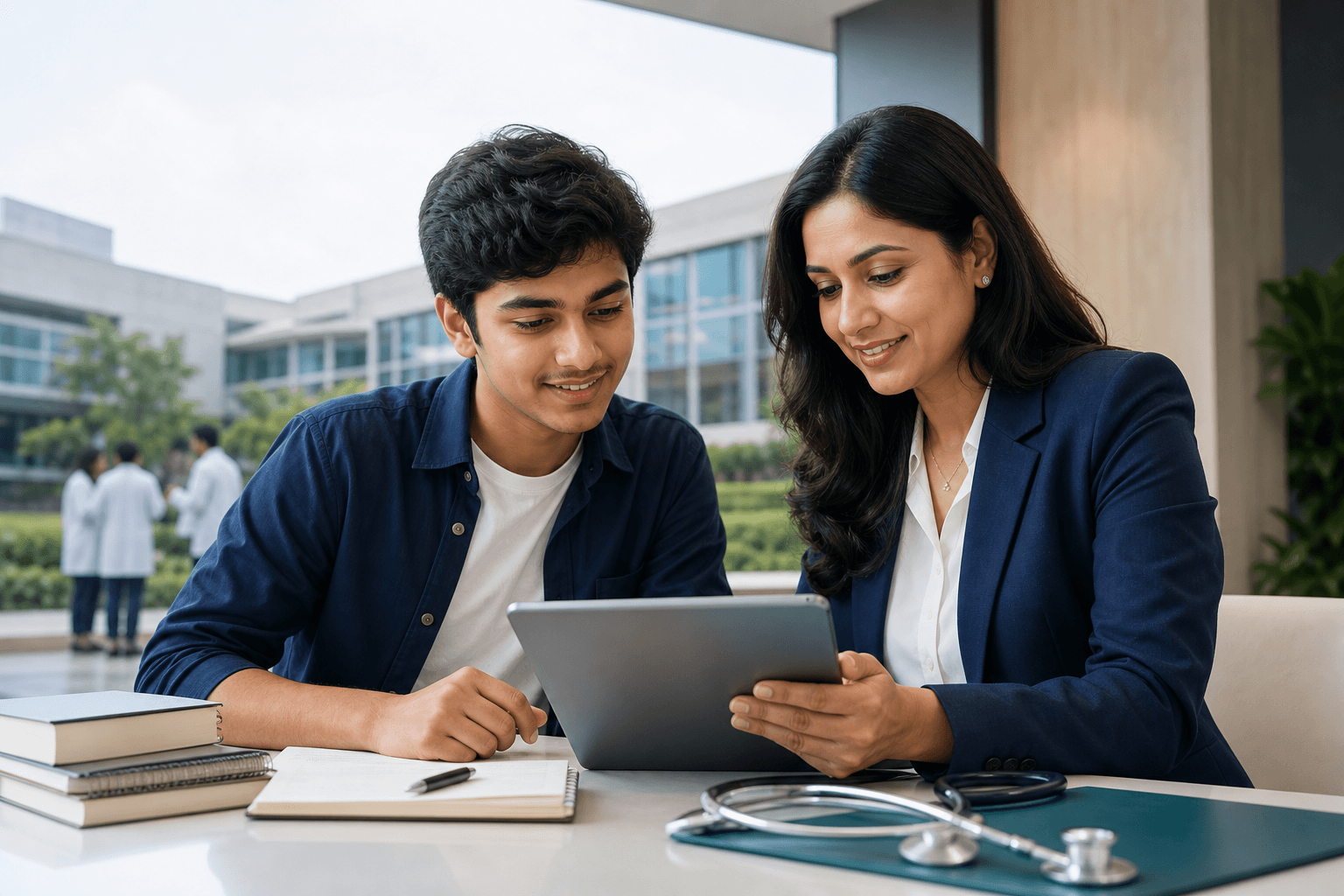 Indian NEET aspirant reviewing MBBS college options with a MedMentor360 counsellor